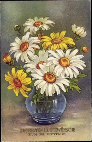 Ak Glückwunsch Geburtstag, Margeriten in der Blumenvase