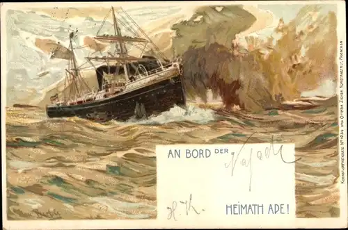 Künstler Litho Dampfer auf dem Meer, Heimat Adde