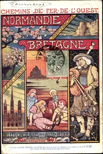 Jugendstil Ak Chemins de Fer de l'Ouest, Normandie, Bretagne, Dudelsackspieler, Rouen, Jersey