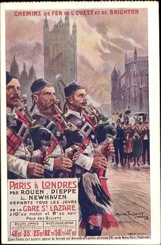 Künstler Ak Toussaint, Chemins de Fer de l'Ouest, Paris, London, Dudelsackspieler