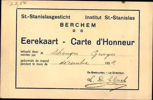 Ak Berchem Flandern Antwerpen, Glasbläser, Carte d'Honneur, Institut St. Stanislas