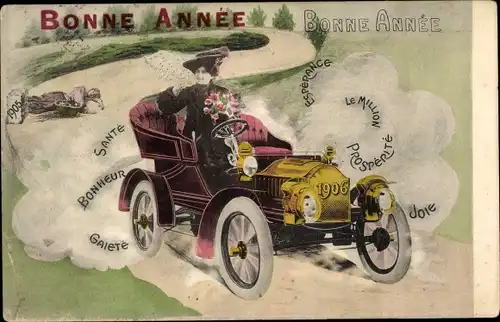 Ak Glückwunsch Neujahr, Jahreszahl 1906, Frau im Automobil hat das alte Jahr überfahren