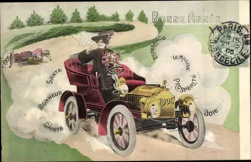 Ak Glückwunsch Neujahr, Jahreszahl 1906, Frau im Automobil hat das alte Jahr überfahren