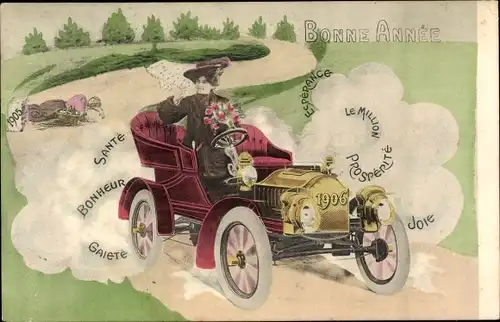 Ak Glückwunsch Neujahr, Jahreszahl 1906, Frau im Automobil hat das alte Jahr überfahren