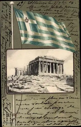 Ak Athen Griechenland, Le Parthenon, Griechische Fahne