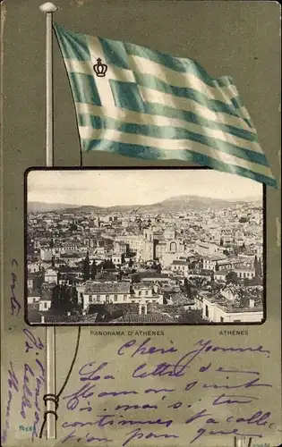 Ak Athen Griechenland, Panorama, Griechische Fahne