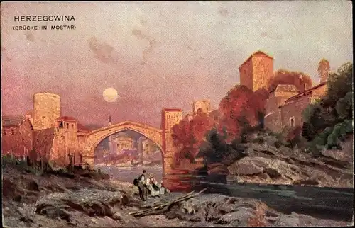 Ak Mostar Bosnien Herzegowina, Stadtansicht mit Brücke