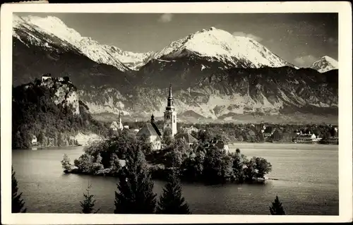 Ak Letovisce Bled Slowenien, Blick auf Insel, Berglandschaft