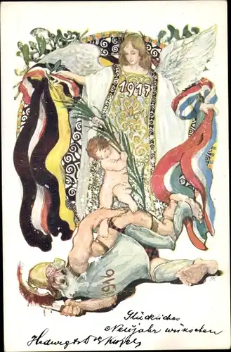 Ak Glückwunsch Neujahr, Jahreszahl 1917, Engel, Patriotik