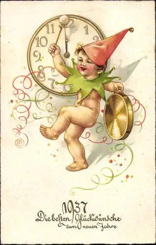 Ak Glückwunsch Neujahr, Kind mit Gong, Uhr, Luftschlangen