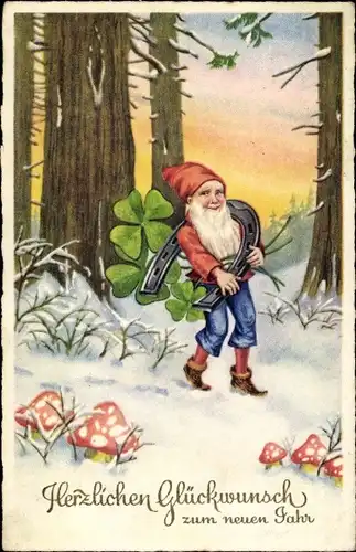 Ak Glückwunsch Neujahr, Zwerg mit Hufeisen, Kleeblättern, Fliegenpilze