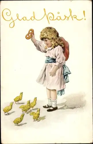 Künstler Litho Nyström, J., Glückwunsch Ostern, Mädchen, Küken, Brezel