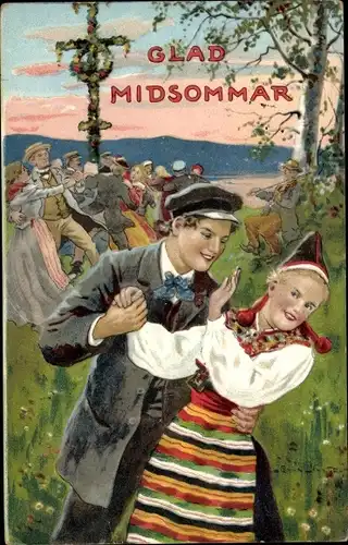 Künstler Ak Nyström, J., Glückwunsch, Glad Midsommer, Liebespaar, Tanzende Menschen