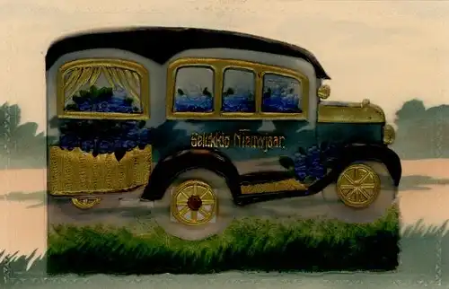 Stoff Ak Glückwunsch Neujahr, Auto, Vergissmeinnicht