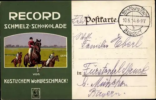 Ak Jockeys zu Pferde, Werbung Record Schmelz-Schokolade