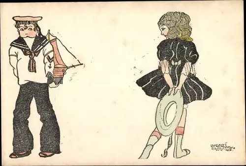 Künstler Ak Liebespaar, Marinesoldat, Segelboot, Mädchen in schwarzem Kleid, Hut
