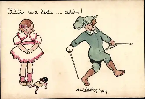 Künstler Ak Kinder, Weinendes Mädchen, Puppe, Junge in Uniform