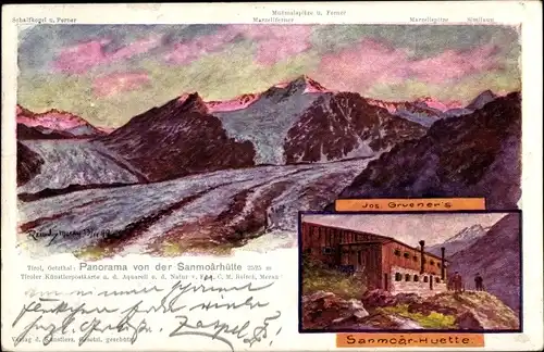 Künstler Litho Ötztal in Tirol, Sanmoär Hütte von Jos. Gruener, Bergpanorama