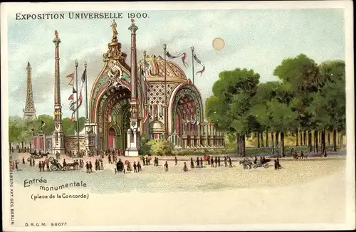 Litho Exposition Universelle 1900, Entree monumentale, Place de la Concorde