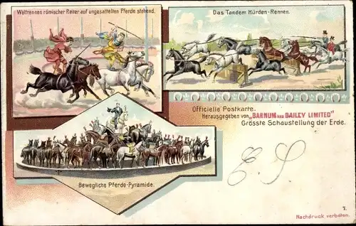 Litho Zirkus, Barnum and Bailey Ltd, Tandem Hürden Rennen, römische Reiter, Pferdepyramide