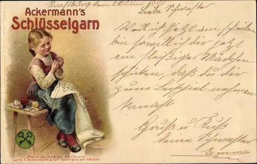 Litho Mädchen beim Nähen, Ackermann's Schlüsselgarn