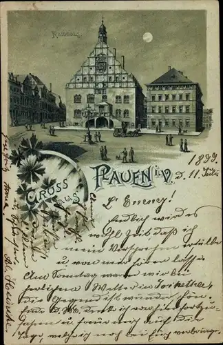 Mondschein Litho Plauen im Vogtland, Rathaus