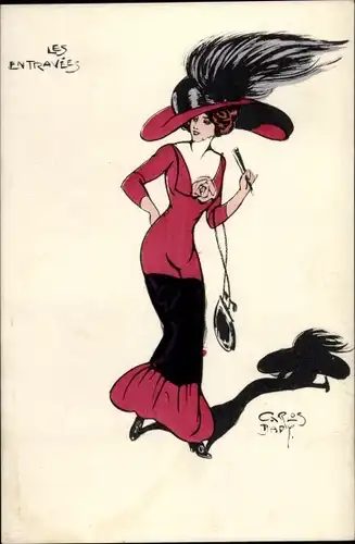 Künstler Ak Bady, C., Frau mit großem Hut, Feder, Handtasche, Fächer, Les Entravees