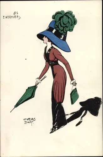 Künstler Ak Bady, C., Frau mit großem Hut, Sonnenschirm, Handtasche, Les Entravees