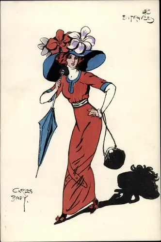 Künstler Ak Bady, C., Frau mit großem Hut, Sonnenschirm, Handtasche, Blumen, Les Entravees