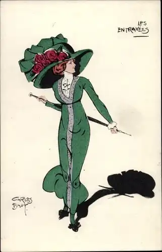 Künstler Ak Bady, C., Frau mit großem Hut, Rosen, Grünes Kleid, Les Entravees