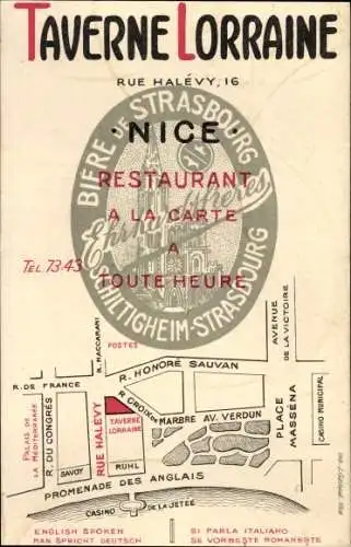 Stadtplan Ak Nice Nizza Alpes Maritimes, Taverne Lorraine, Rue Halevy 16, Biere de Strasbourg