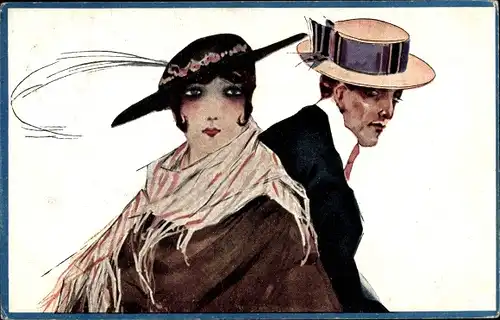 Künstler Ak Mann und Frau mit Hüten, Italiener