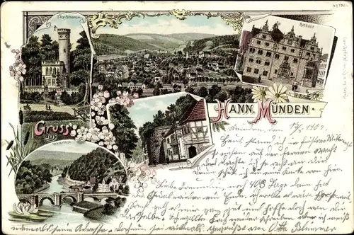 Litho Hann Münden in Niedersachsen, Rathaus, Tilly Schanze, Blick auf den Ort