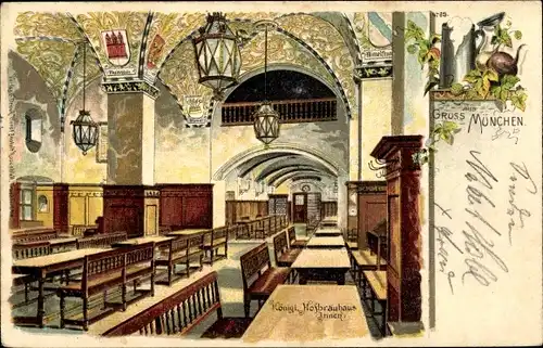 Litho München Bayern, Kgl. Hofbräuhaus, Innenansicht