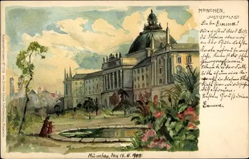 Litho München Bayern, Justizpalast, Courier Stadtpost