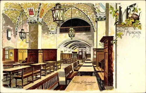 Litho München Bayern, Kgl. Hofbräuhaus, Innenansicht