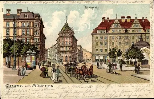 Litho München Bayern, Karlsplatz, Kutsche
