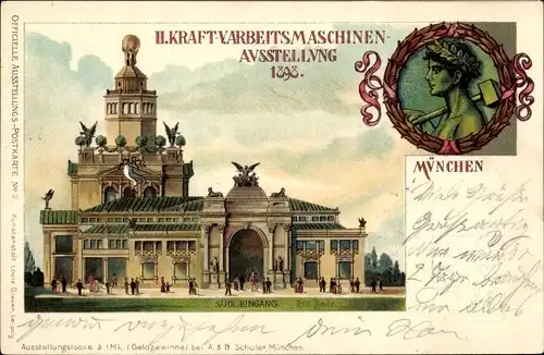 Litho München Bayern, II. Kraft- und Arbeitsmaschinen Ausstellung 1898, Südlicher Eingang
