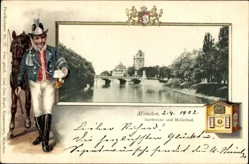 Präge Passepartout Ak München Bayern, Isarbrücke und Müllerbad, Postbote