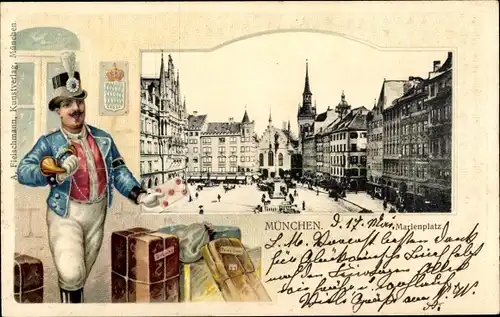 Präge Ak München Bayern, Blick auf den Marienplatz, Postbote mit Brief und Paketen