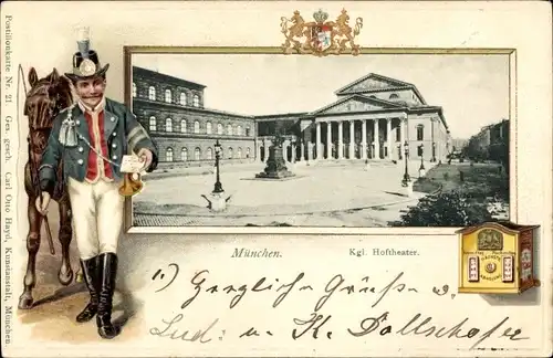 Präge Ak München Bayern, Kgl. Hoftheater, Postbote, Briefkasten