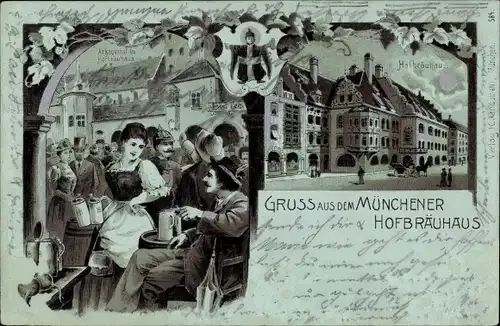 Mondschein Litho München, Arkadenhof im Hofbräuhaus, Arkadenhof, Kindl