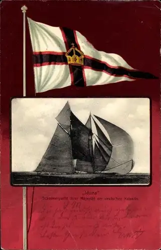 Passepartout Ak Schooneryacht der Kaiserin Auguste Viktoria, Iduna, Fahne