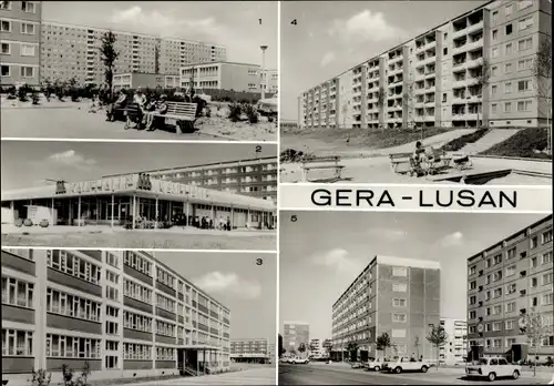 Ak Lusan Gera in Thüringen, Str. d. Bauarbeiter, d. Neuerer, Kaufhalle Süd, Hans-Beimler-Oberschule