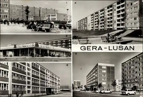 Ak Lusan Gera Thüringen, Straße d. Bauarbeiter, d. Neuerer, Kaufhalle Süd, Hans-Beimler-Oberschule