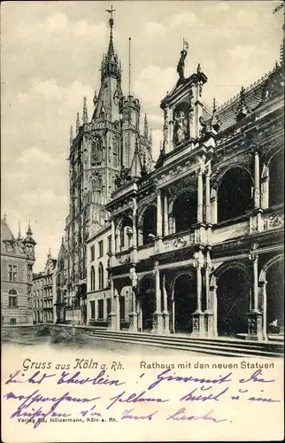 Ak Köln am Rhein, Rathaus mit den neuen Statuen