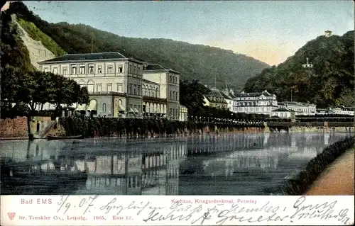 Ak Bad Ems an der Lahn, Kurhaus, Kriegerdenkmal, Peterley