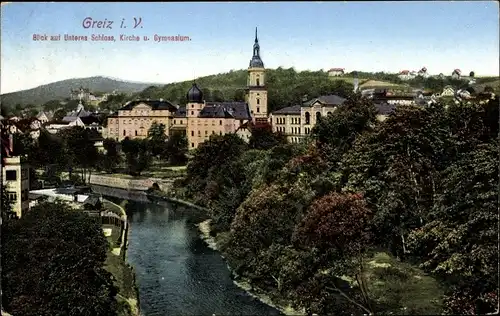 Ak Greiz in Thüringen, Blick auf Unteres Schloss, Kirche, Gymnasium