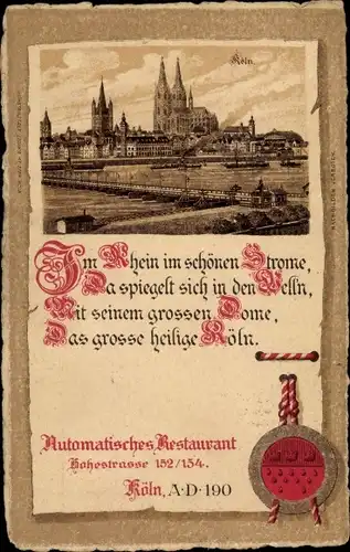 Ak Köln am Rhein, Blick zum Dom, Schiffbrücke, Urkunde, Siegel