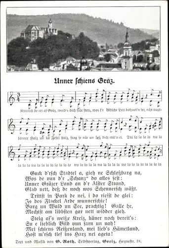 Liedkarten Ak Greiz in Thüringen, Panorama vom Ort, Unner schiens Gräz v. G. Roth, Text, Partitur